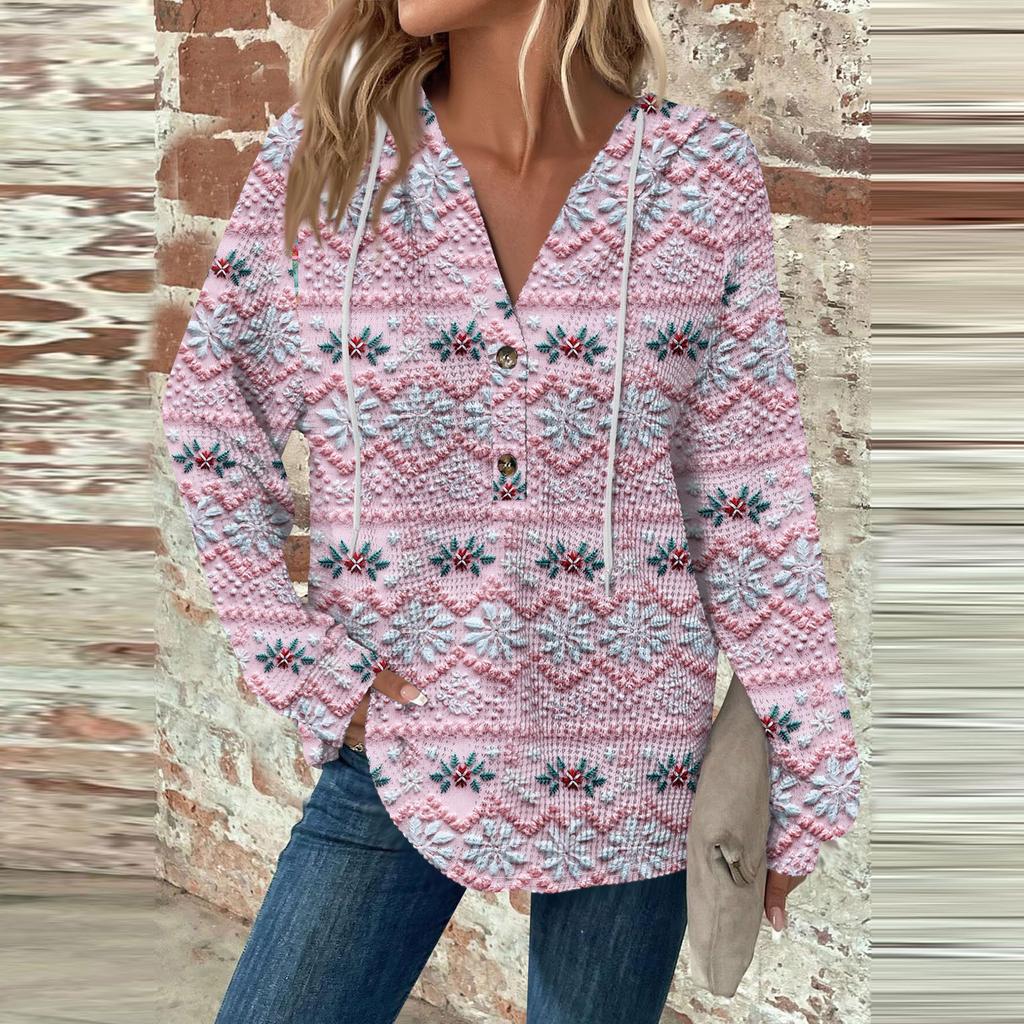 Женская мода с длинным рукавом, завязками на шнурке, капюшоном, пуговицами, V-образным вырезом, повседневная толстовка с капюшоном и рождественским принтом