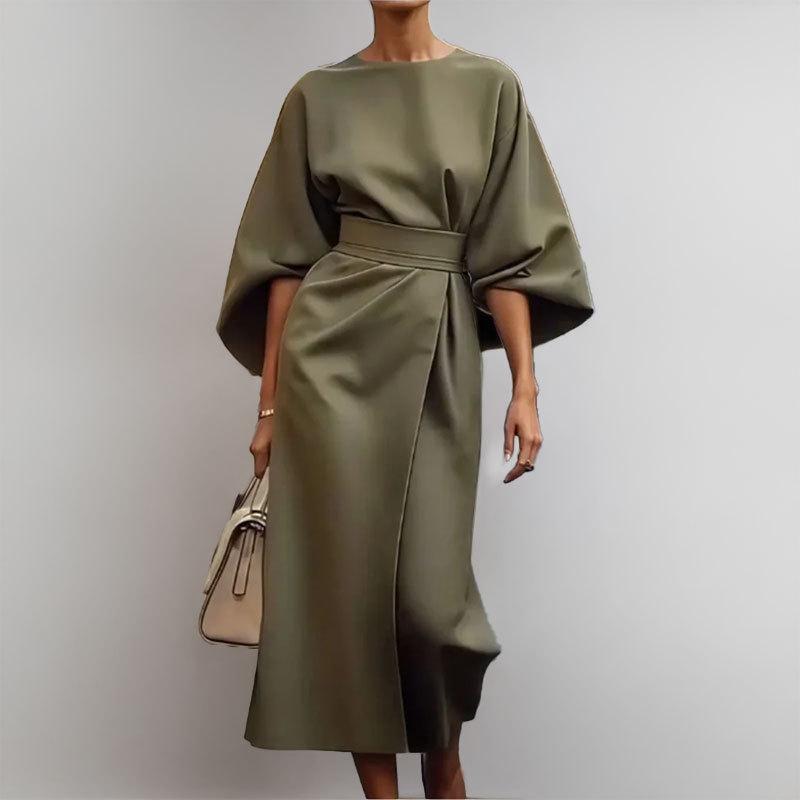 Модный темпераментный элегантный однотонный цвет платье с завышенной талией повседневная длинная юбка с рукавами «летучая мышь»