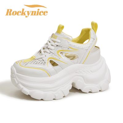 9СМ Дышащая Кожа Женские Сандалии Вулканизированная Сетка Массивная Обувь 9СМ Платформа Обувь Гладиаторы Высокий Каблук Повседневные Летние Кроссовки