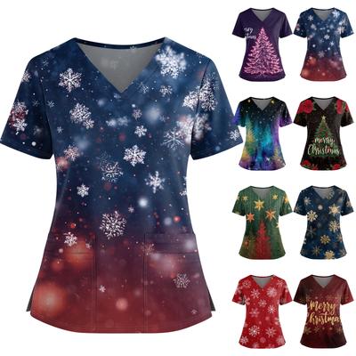 Женский рождественский топ с принтом, V-образным вырезом, двумя карманами, короткими рукавами, разрезом по подолу, униформа для сиделки