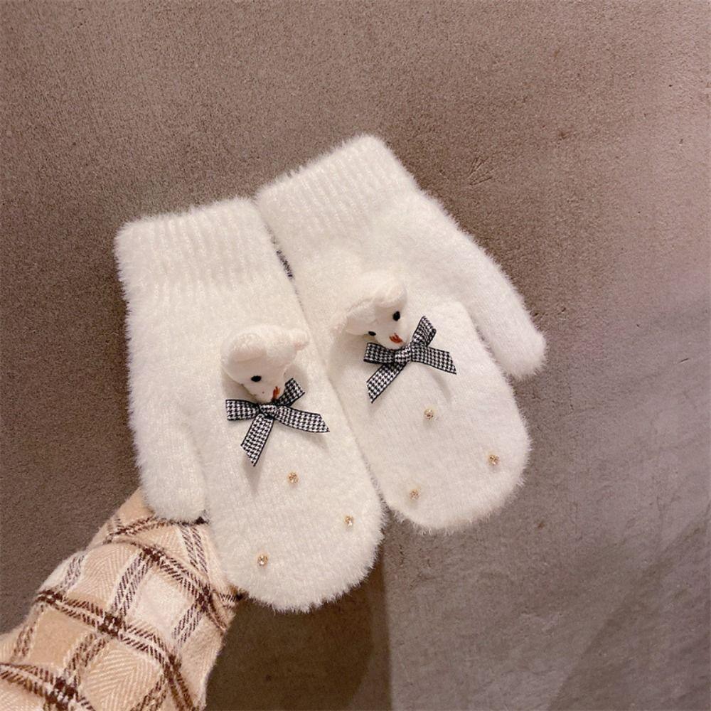 Утолщенные плюшевые перчатки с бантом, варежки с полными пальцами, милые перчатки, креативные студенческие вязаные перчатки, женские