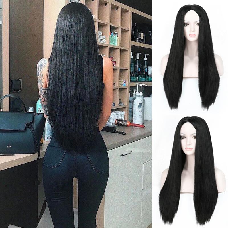 Синтетический длинный прямой черный термостойкий парик из волокна для женщин, повседневный косплей, модные натуральные парики