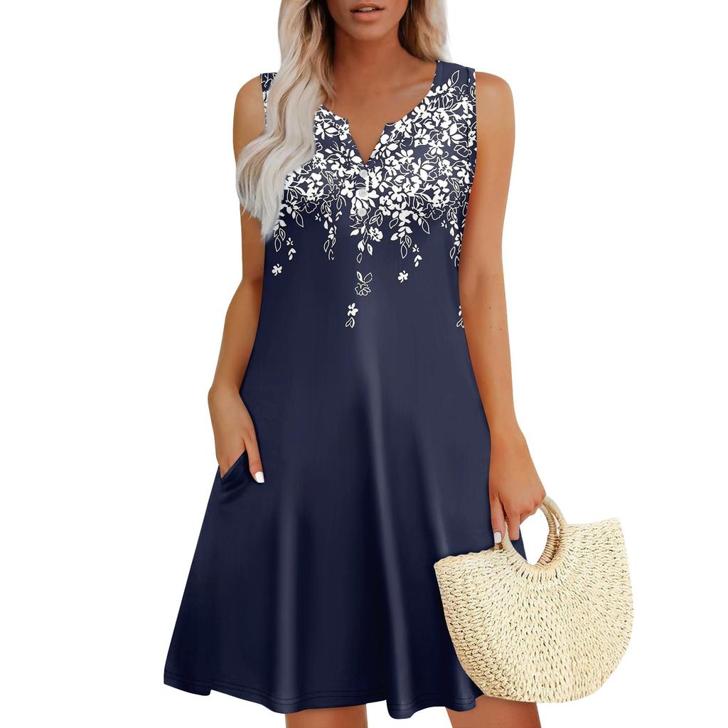 Женские летние платья Свободные сарафаны без рукавов с V-образным вырезом Платье с карманами