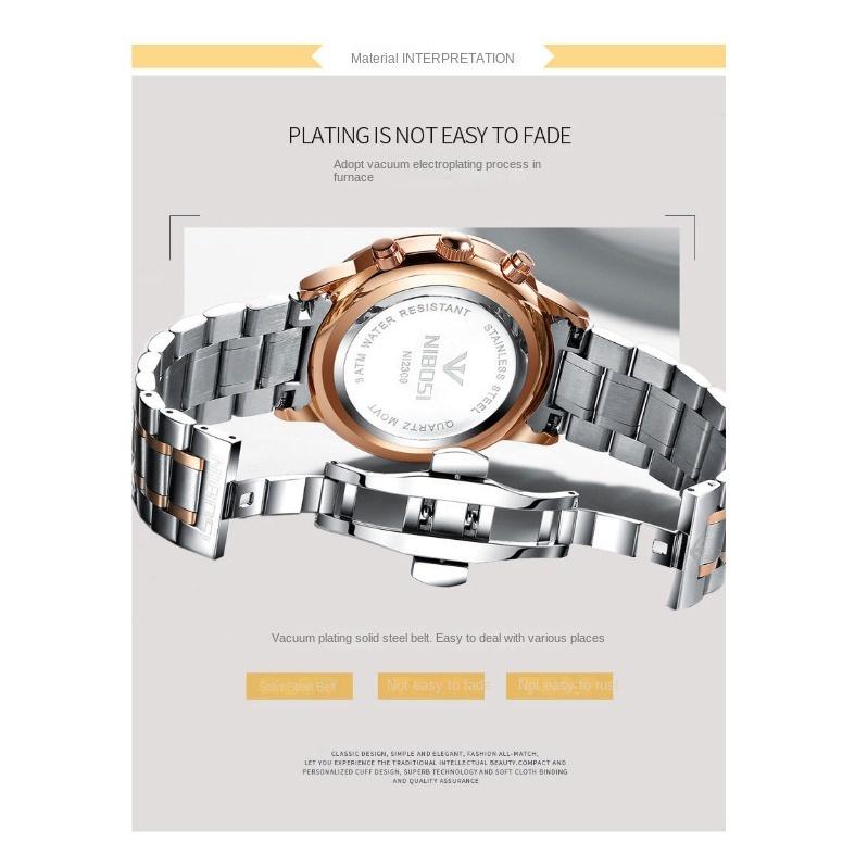 NIBOSI новые мужские часы с твердым стальным ремешком, водонепроницаемые кварцевые часы со стеклом и покрытием, светящиеся в темноте, 3 глаза, 6 контактов