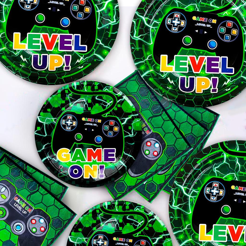 Товары для вечеринок с видеоиграми, набор столовых приборов для вечеринок с видеоиграми из 128 предметов - тарелки и салфетки для видеоигр, чашки, скатерти, баннеры и т. д. Товары для украшения вечеринок