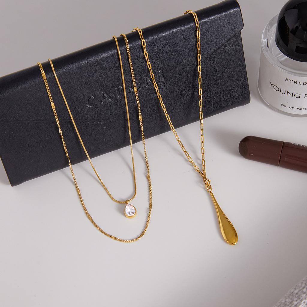Stylish Versatile Gold Plated Stainless Steel Zircon Water Drop Pendant Necklace Link Chain Multi-layer Stackable Charm Necklace