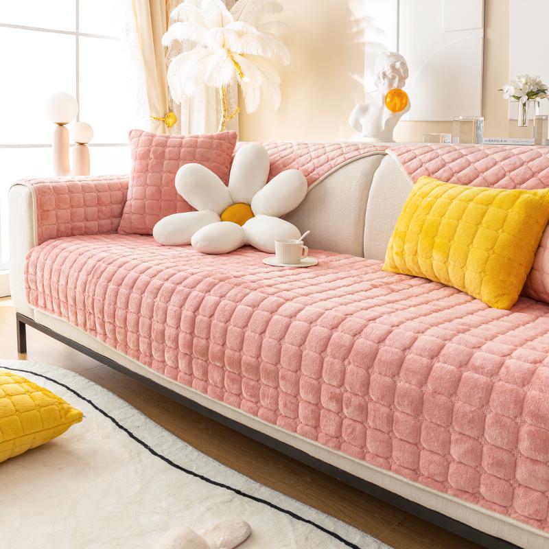 Solid Color Plush Sofa Cushion for Autumn and Winter Warmth, Thickened Anti Slip Pet Friendly Sofa Protective Cover