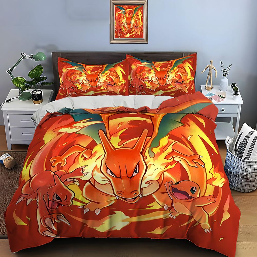 10 размеров Комплект постельного белья с принтом Покемона Чаризарда 3 предмета Набор Кровать Кинг-сайз Наволочка Покрывало для взрослой кровати Спальный комплект для подарков