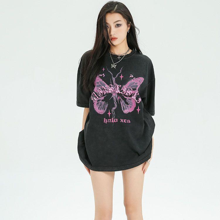 Американский дизайн, ниша с принтом бабочки, чистый хлопок, с короткими рукавами, женский летний новый стиль, потертый и потертый топ с половиной рукавов