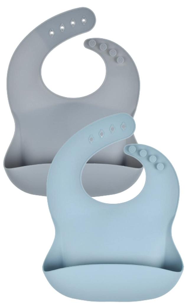 rinaty Silicone Baby Feeding Bib 2-Pack with Pocket, Food Grade, Muted Gray and Blue