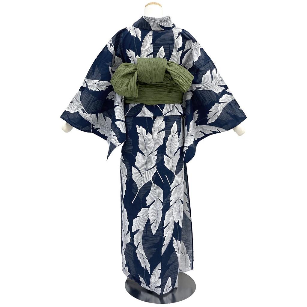 Kyoto Kimono Yuzen Yukata and Obi Set (2 Pieces) Navy Blue with Leaf and Banana Patterns, Classic Retro Style