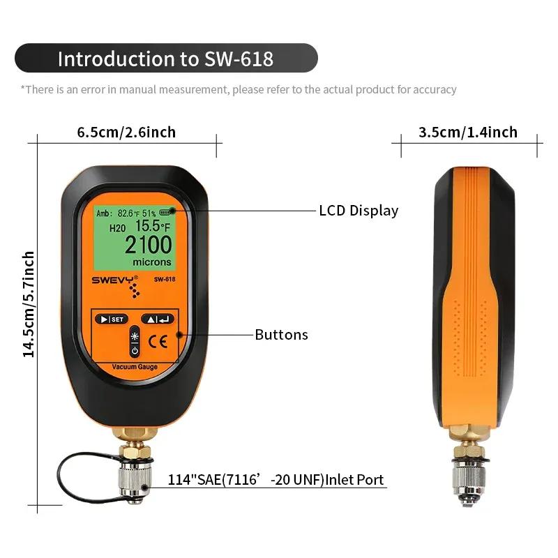SWEVY SW-618 Digital Vacuum Gauge 0~75000 Microns HVAC Tool w/ Threshold Alert