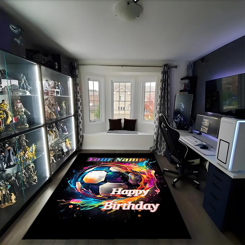 1PC Custom Name Soccer Birthday Celebration Theme Floor Mat Ideal for Living Room, Game Rooms, Office, Bedroom,Floor Mat Playful Design
