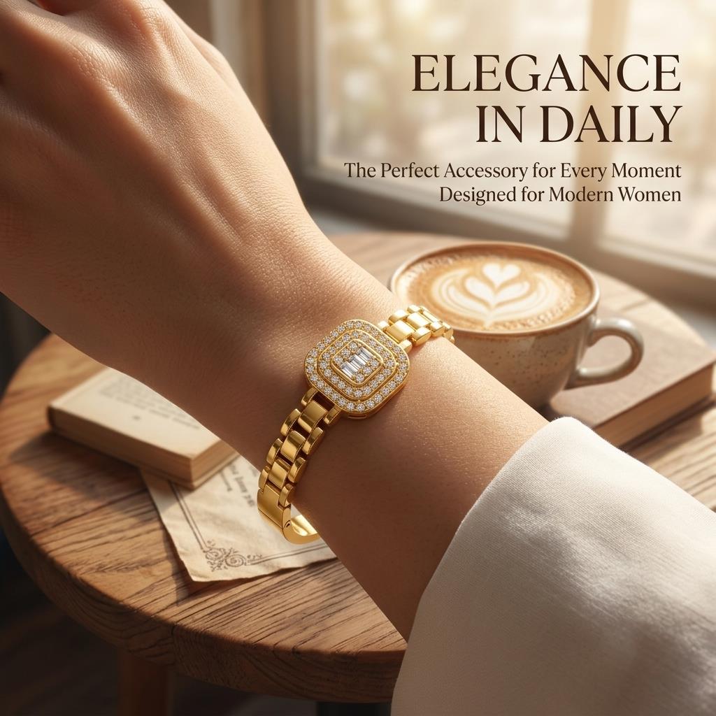 Elegant Gold Color Snap Bracelet Stainless Steel Zircon Chain Bangle Luxe Feel Women's Jewelry (60mm Inner Diameter)