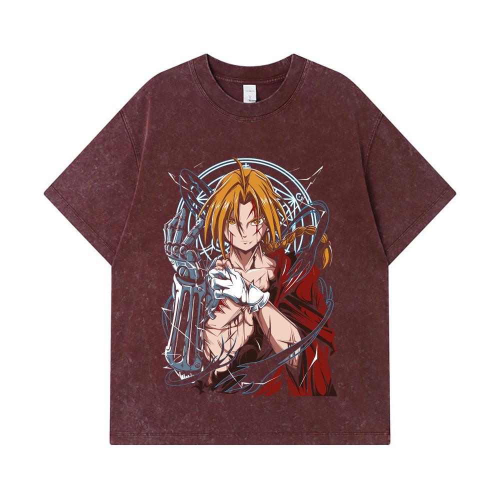 275 GSM Washed T-shirts 100% Cotton Fullmetal Alchemist V6 Edward Print Unisex Heavy Cotton T Shirt