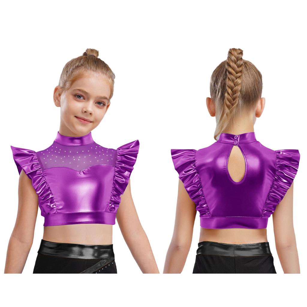 Kids Girls Metallic Tank Tops Mock Neck Mesh Patchwork Rhinestone Adorned Sleeveless Shiny Ruffle Crop Tops with Press Buttons Keyhole Back Dance Shir