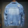 Men Ripped Patches Denim Jacket Streetwear Distressed Cotton Coat Embroidery Patchwork Outerwear