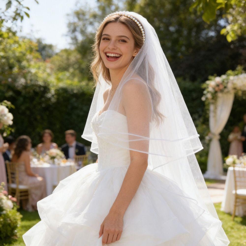 Элегантный свадебный головной убор Повязка на голову с жемчугом по краю Премиум Свадебная фата Помолвка