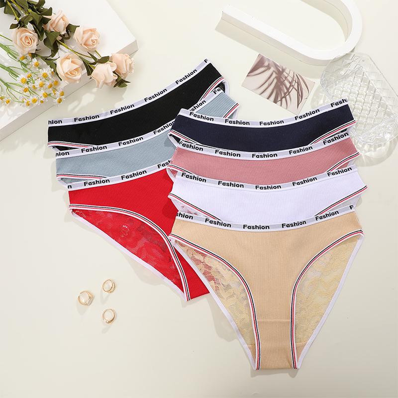 FINETOO 3Pcs Lace Hollow Out Panties Cotton Letter Print Briefs Girl Sexy Fashion Striped Solid Panty Girls' Breathable Lingerie