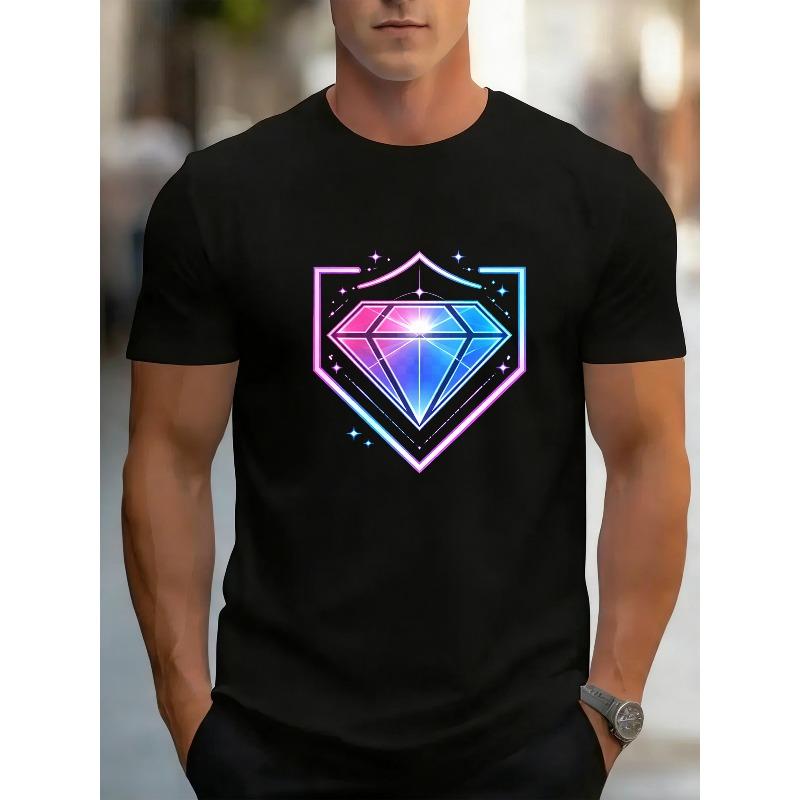 Европейские размеры Модный неоновый градиентный значок-щит с бриллиантами и принтом со звездным декором | Простая и модная мужская футболка с круглым вырезом