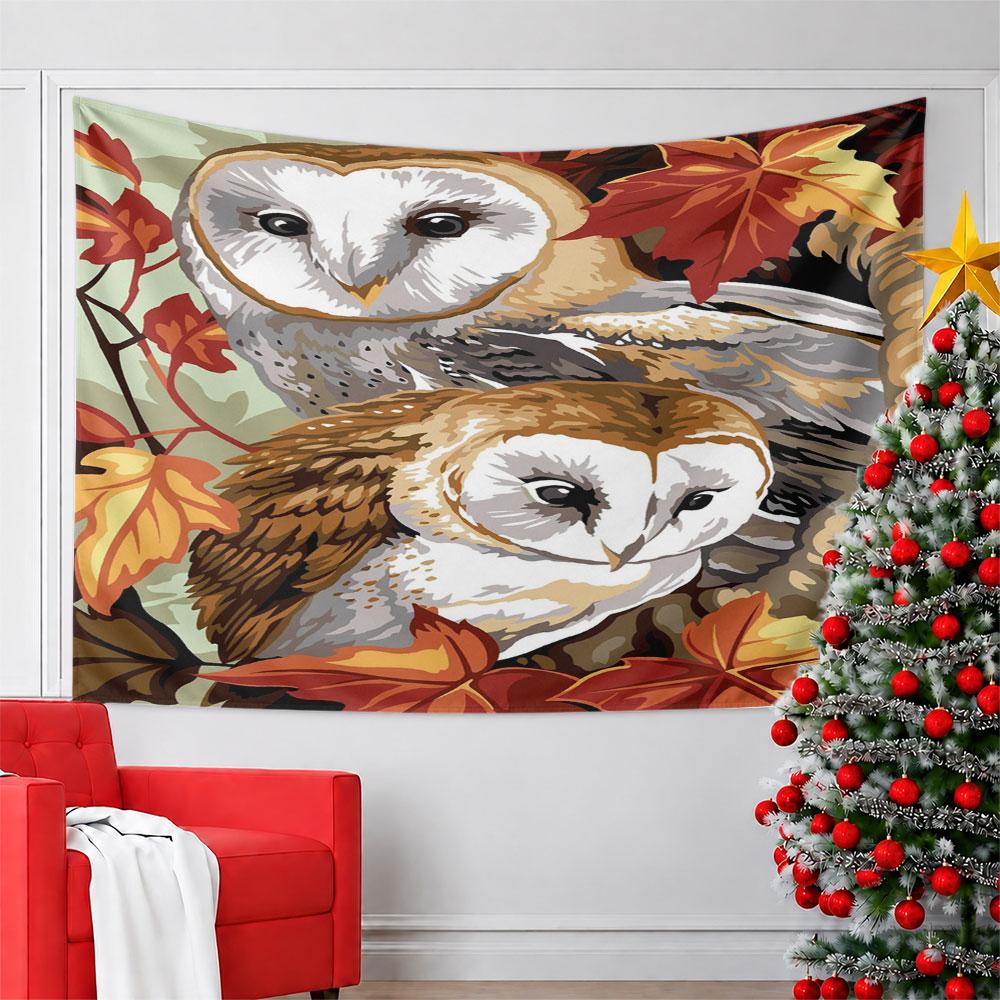 Barn Owls Among Autumn Leaves Pattern Wall Hanging Tapestry Decorative Tapestry Home Decor for Bedroom and Living Room
