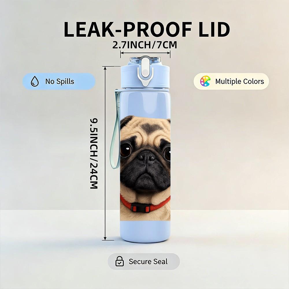 1PC Pug Dog Wrinkled Face Close Up 750ml Color Plastic Sports Water Bottle Leakproof Flip Straw Lid Suitable for Sports Office Home Use