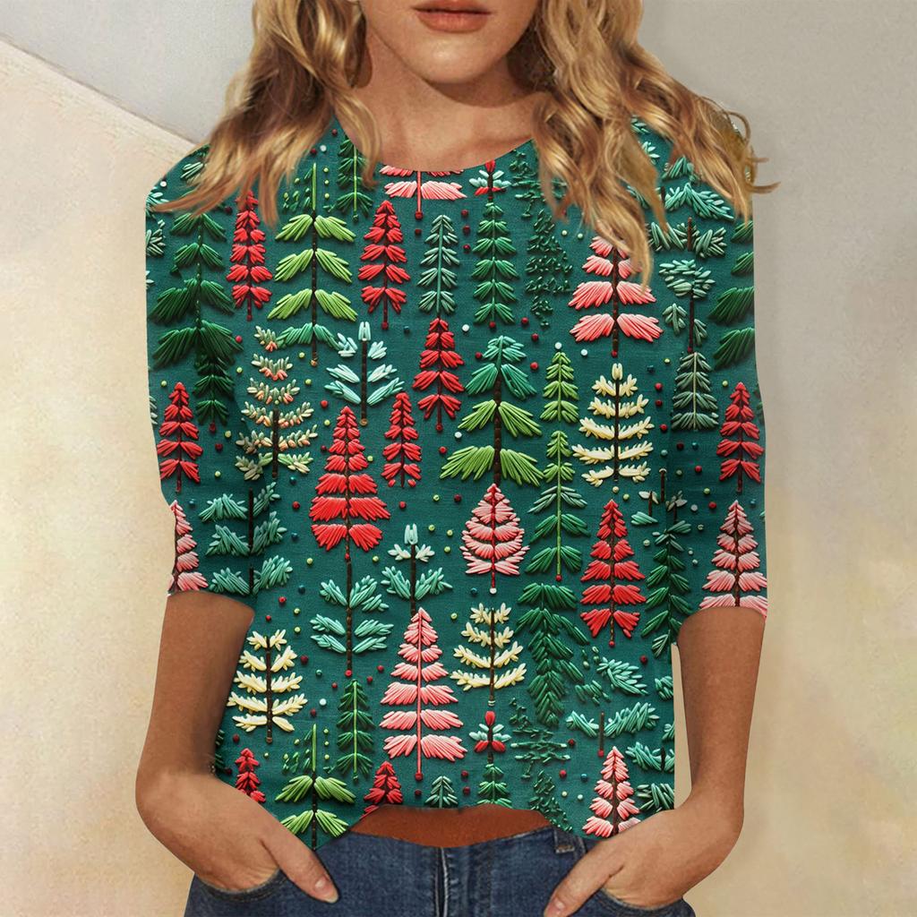 Women's Fashionable Casual Three-Quarter Sleeve Christmas Print Round Neck Top