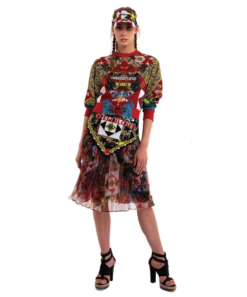 Greedius Red Geometric Pleated Skirt