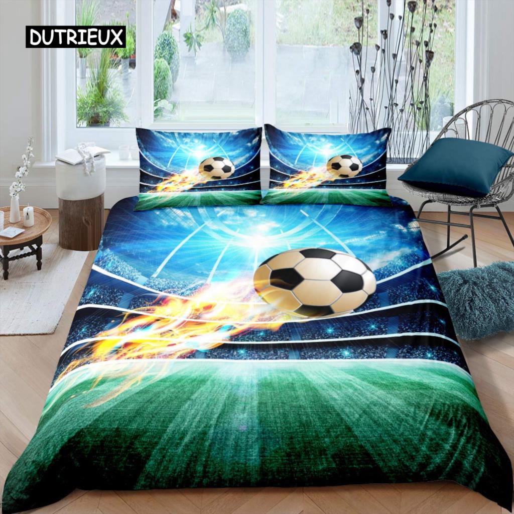 Футбольный комплект пододеяльников с рисунком футбольного мяча Комплект постельного белья с спортивной тематикой Микрофибра Цветной гранж-стиль Двуспальное одеяло King