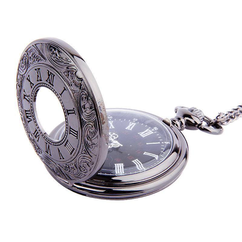 Large Nostalgic Pocket Watch: Classic Black, Dual Display, Roman Numerals, Gold Numbers, White Hands