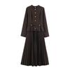 Elegant Womens Dress Stand Collar Striped Plaid Button Decor Pleated Long