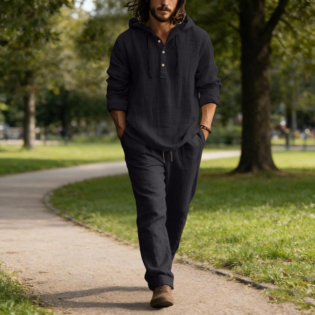 Мужской повседневный льняной комплект, Рубашка на пуговицах, Брюки с эластичным поясом и кулиской, Свободные, Удобный комплект из двух предметов