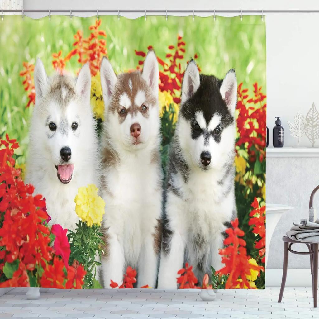 Cute Siberian Husky Shower Curtain Christmas Shower Curtain Set Husky Dog Puppy Bathroom Curtain Pet Dogs Christmas Home Decor