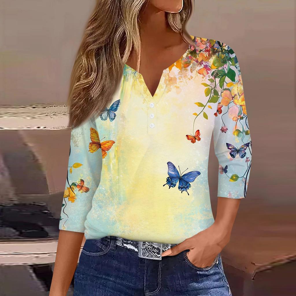 Women's T Shirt Tee Print Button 3/4 Sleeve Daily Weekend Fashion Basic V Neck Regular Top