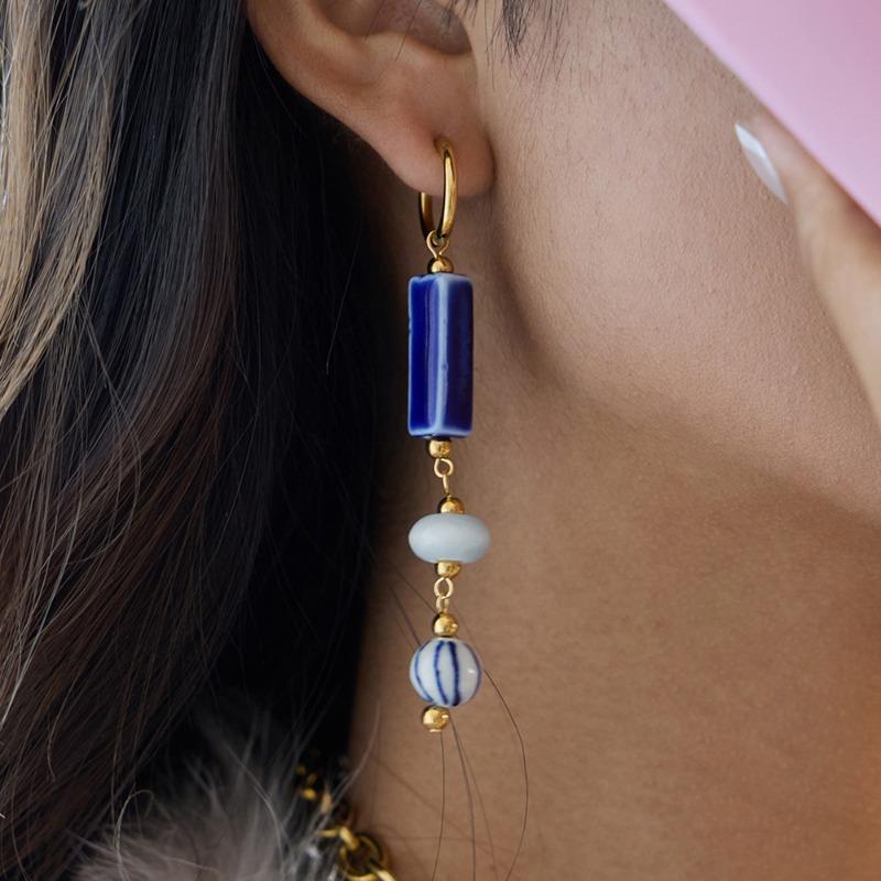 Retro Striped Ceramic Bead Tassel Earrings Long Dangle Stainless Steel Gold PVD Plated Anti Tarnish Jewelry For Women