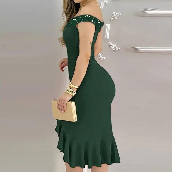 Вечернее платье с открытыми плечами, без рукавов, с неровным оборчатым подолом, облегающее, однотонное, с искусственным жемчугом, миди-платье для выпускного вечера, свадьбы