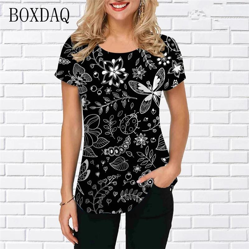Plant&Flowers And Butterfly Graphic Women Fashion T-Shirts Short Sleeve 3d Printed Street Trend Ladies Tees O-Neck Casual Tops