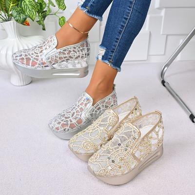 Модные женские сандалии на платформе-клине, женские сетчатые кроссовки с цветочной вышивкой, женская повседневная удобная обувь на каблуке, женские туфли