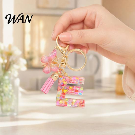 Pocket Keychain Pink Series Pendant, Sequins Heart Initial Letter Charm Key Chain with Everyday Carry Butterfly Tassel Design, A-Z Holder for