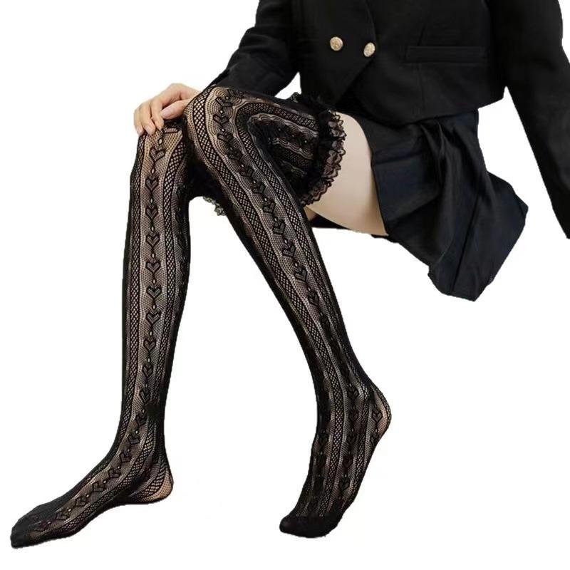 Женские сексуальные кружевные чулки-сетка с сердечками до бедра, косплей горничной, лолита, чулки-сетка, длинные носки