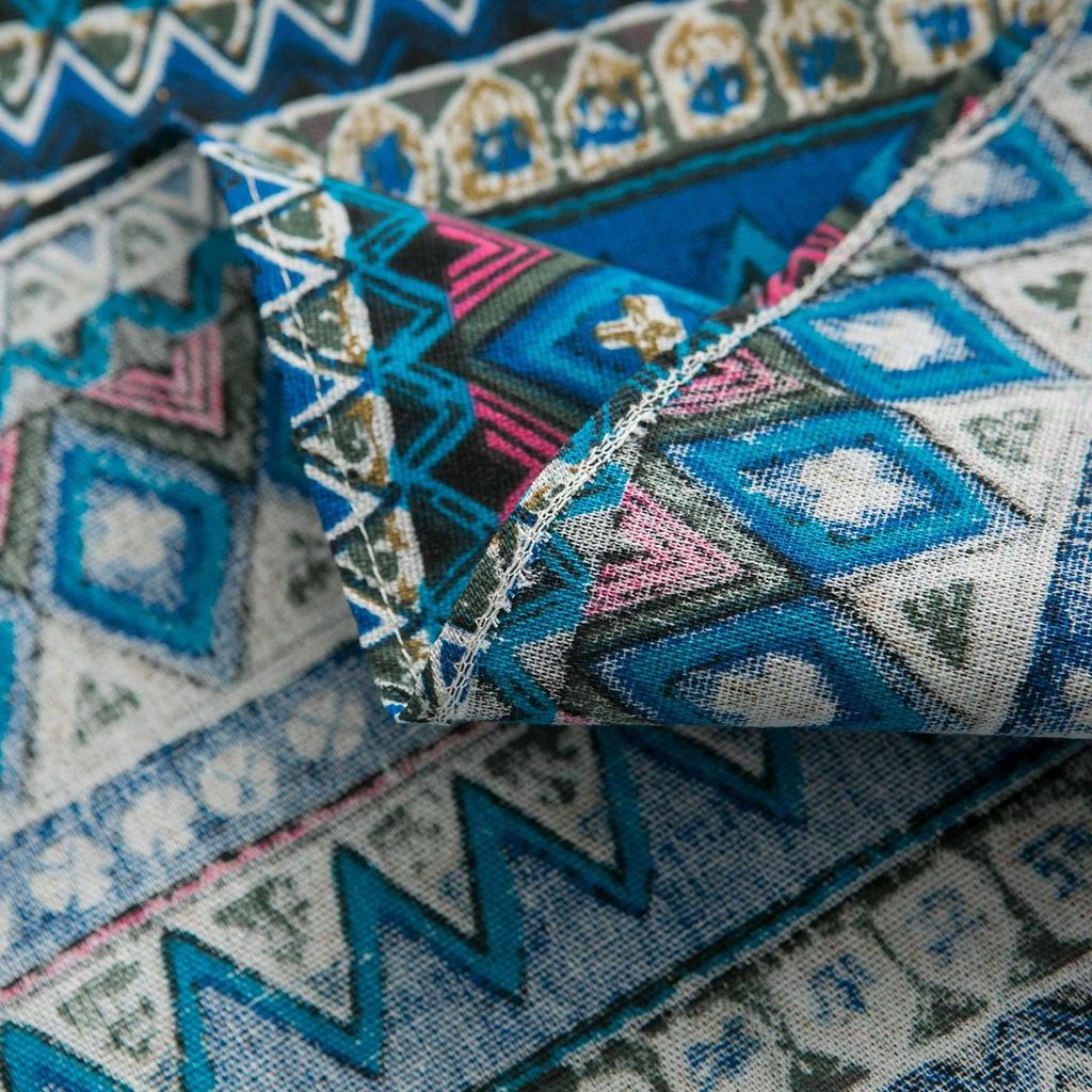 Bohemian Blue Geometric Print Tablecloth with Mediterranean Style Napkins - Cotton Linen for Coffee Table