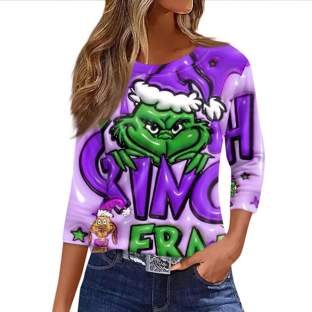 Women's Fashionable Casual Three Quarter Sleeve Christmas Printed Round Neck Top