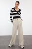 Women's Elegance Style Sweater Navy Blue Crop V-Neck Striped Knitwear Sweater