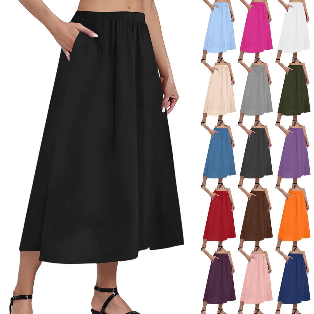 Women's Casual Fashion Solid Colour Big Hem Skirt Elasticated Loose Pockets Pleated Half-body Skirt (With Side Pockets)