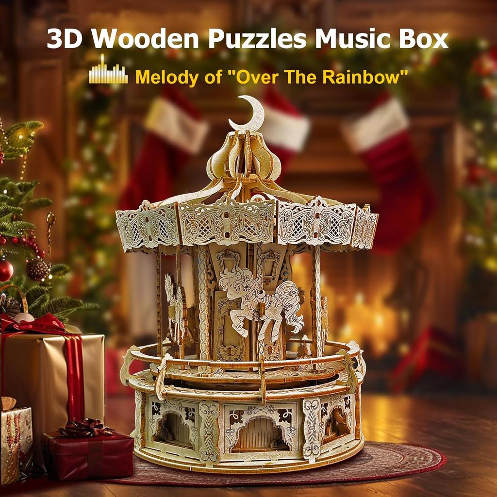 3D Wooden Puzzles for Adults - DIY Wooden Music Box, Merry-go-Round Model Kit - 274 Pieces Wooden Jigsaw - Brain Teaser - Birthday Gift for Boys and