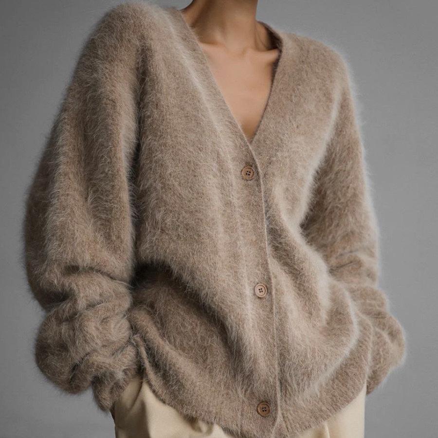 2025 Women's Loose Knit Imitation Mink Cardigan - Soft Long-Sleeve Spring & Autumn Sweater Coat