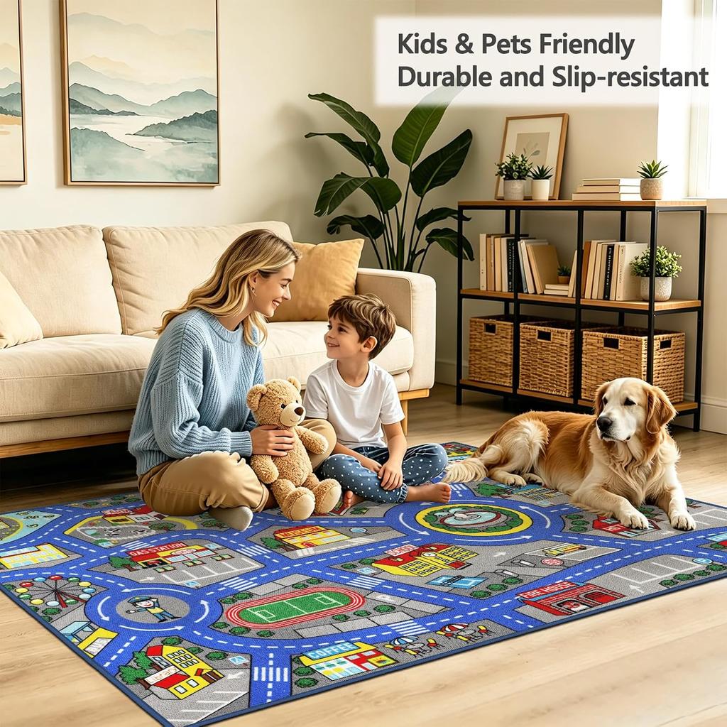 Washable Dark Blue City Life Playmat, Car Traffic Road Learning Rug, Kids Educational Carpet for Playroom Bedroom Classroom