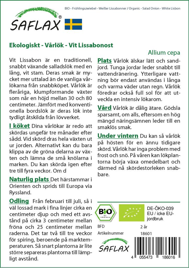 SAFLAX Garden in the Bag - Органический - Салатный лук - Белый Лиссабон - 150 семян - С субстратом в подходящем стоячем пакете - Allium cepa