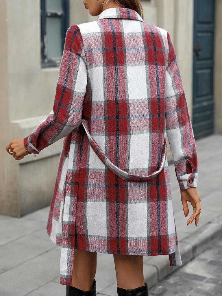 European American Plaid Long-Sleeve Dress with Tie Waist A-Line Skirt for Autumn/Winter Commuting.