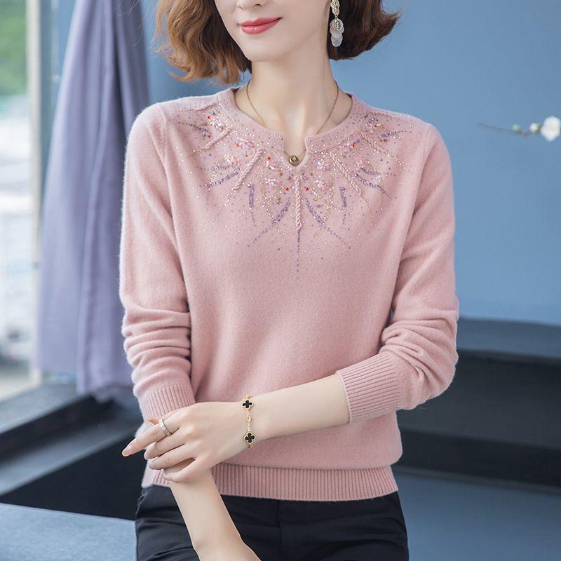 Cashmere Knitted Sweater Embroidered with Diamonds, Women's Loose Oversized Base Sweater